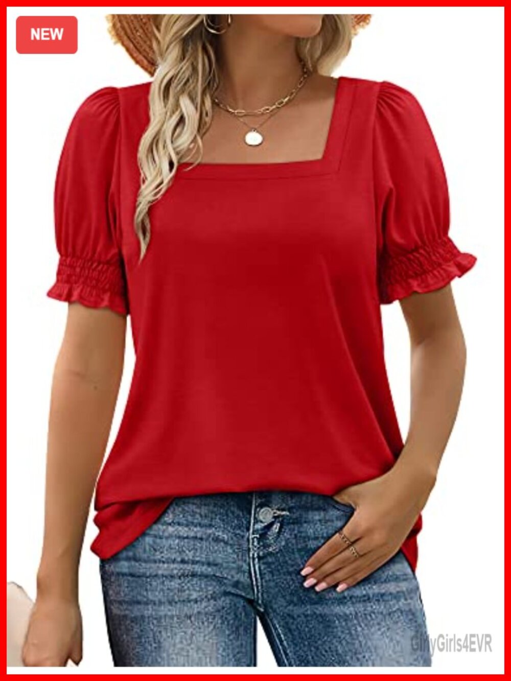Womens Summer Ruffle Sleeve Square Neck Casual T-Shirt Loose Fit